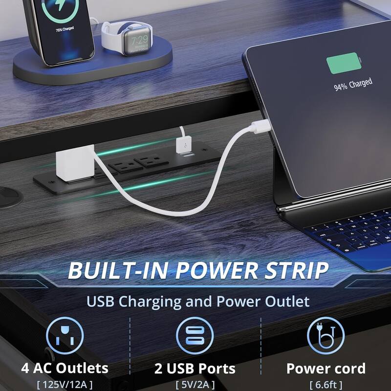 Reversible L Shaped Gaming Desk Power Outlet LED Light