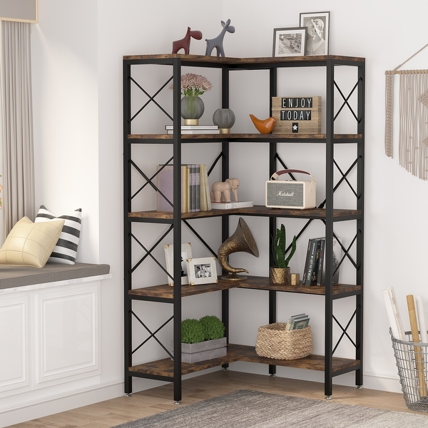 5 Tier Corner Shelf Industrial Corner Bookshelf Etegre Bookcase