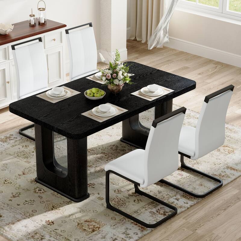 Set of 5 Piece Dining Table and Chair Set MDF Top with Glass Insert PU Seats Arched Metal Legs