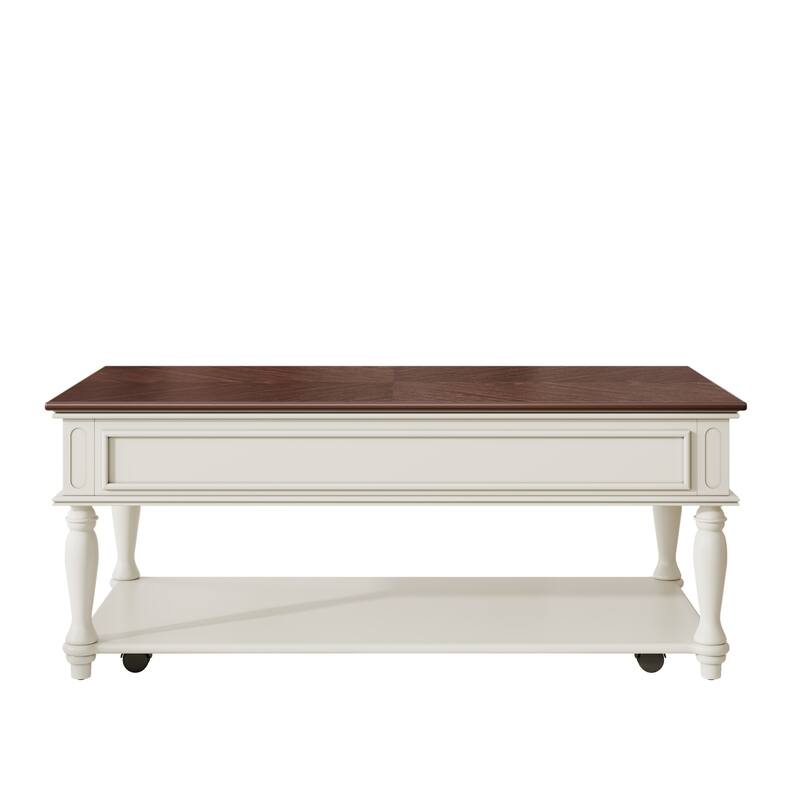 Farmhouse Coffee Table with One Drawer, Movable Rectangular Cocktail Table with Lockable Wheels, Solid Wood Legs