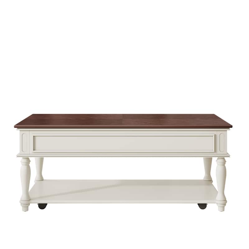 Mid-Century Coffee Table with Drawer, Retro Rectangular Cocktail Table with Lockable Wheels, Storage Shelf for Living Room