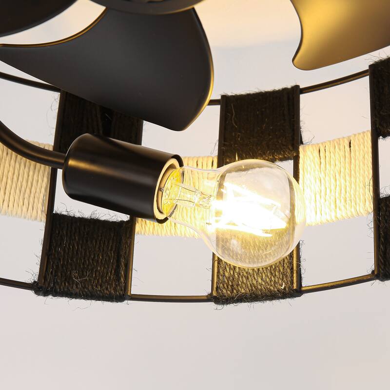 17.7" Black Hand-Woven Hemp Rope Caged Ceiling Fan Light with Remote and App