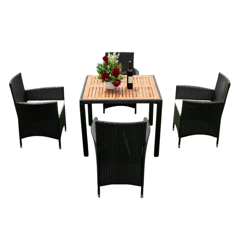 5 Piece Outdoor Conversation Set with 4 Chairs and Acacia Wood Table, Patio Rattan Dining Set with Cushions - Black+Cream