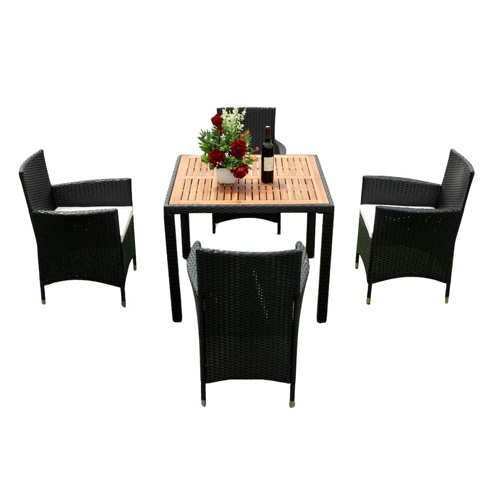 5 Piece Outdoor Conversation Set with 4 Chairs and Acacia Wood Table, Patio Rattan Dining Set with Cushions