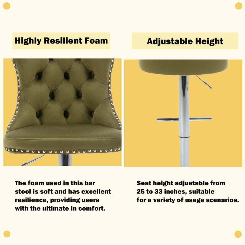 Velvet Upholstered Nailheads Tufted Swivel Bar Stools (Set of 2)