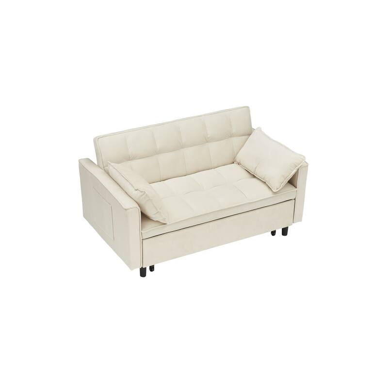 3 in 1 Convertible Beige Velvet Sofa Bed with Pillow and Pockets