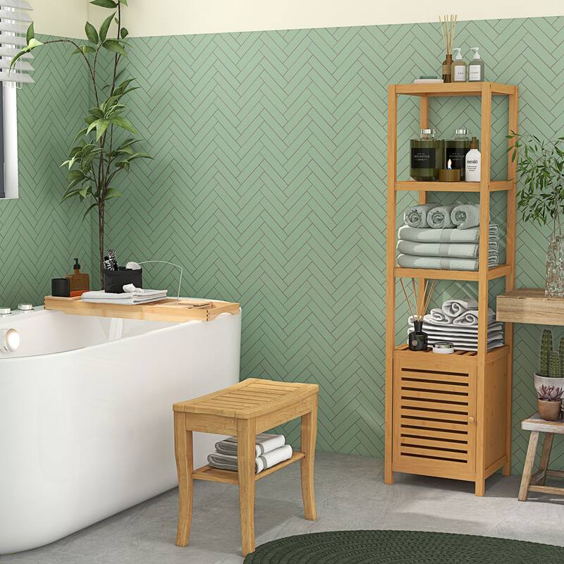 HomCom 20" Long Bamboo Wood Shower Bench Seat With Lower Storage Shelf - 10.25*19.75*17.5