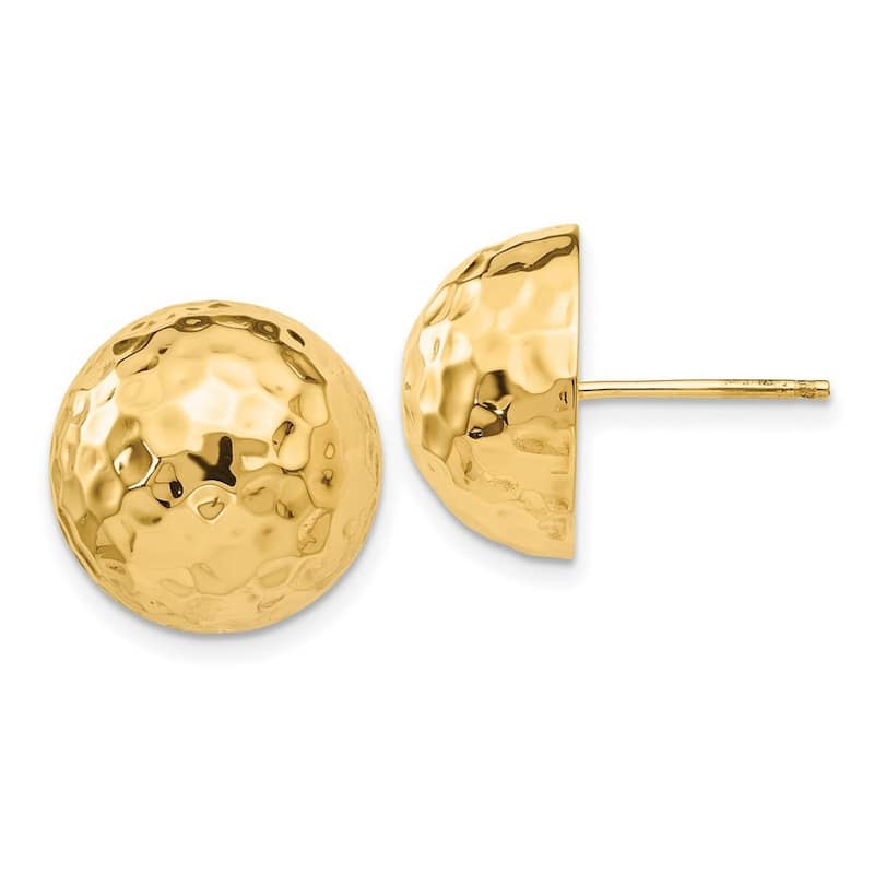 Curata 14k Yellow Gold Hollow Polished Hammered Half Ball Post Earrings - 15x15mm