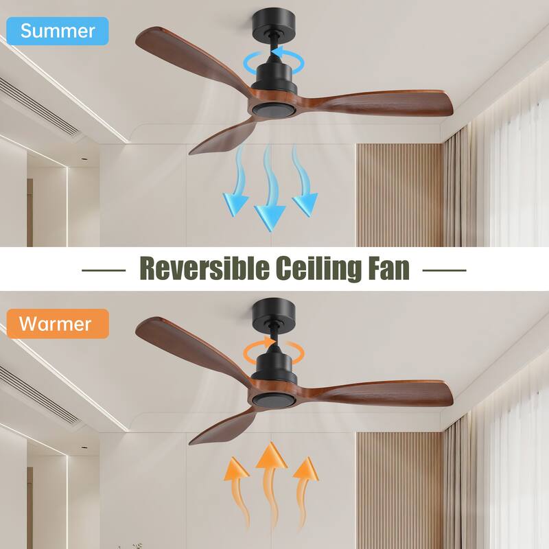 3 Solid Wood Blades Ceiling Fan Without Light, 48 Inch 6-speed Reversible DC Motor Ceiling Fan for Living Room