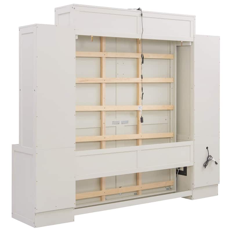 Foldable Murphy Bed Queen Size Wooden Wall Bed Framen with Built-in Desk, Top Lights, Open Shelves, Storage Drawers and Cabinets