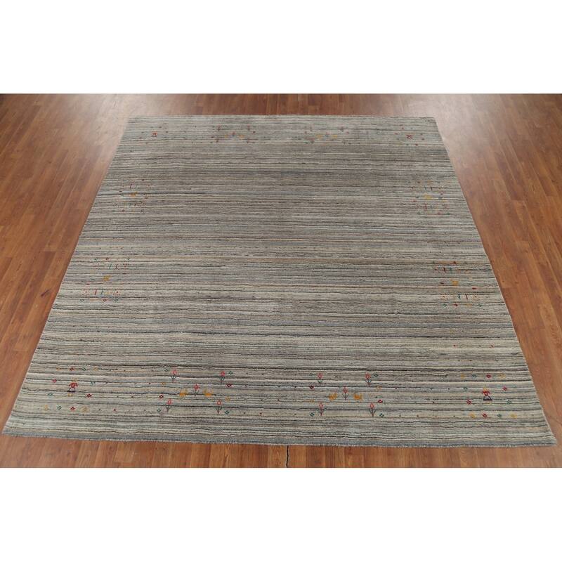 Striped Gabbeh Square Rug Hand-Knotted Gray Wool Carpet - 7'11"x 7'11"