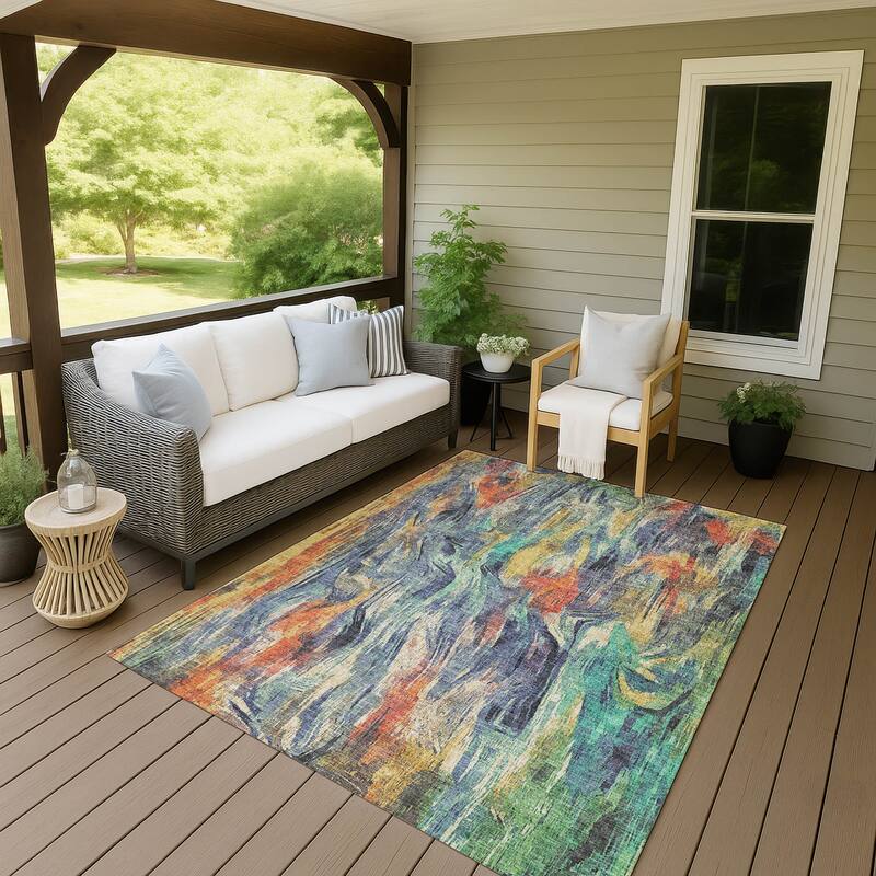 Machine Washable Indoor/ Outdoor Brushstrokes Modern Chantille Rug - Denim - 9' x 12'