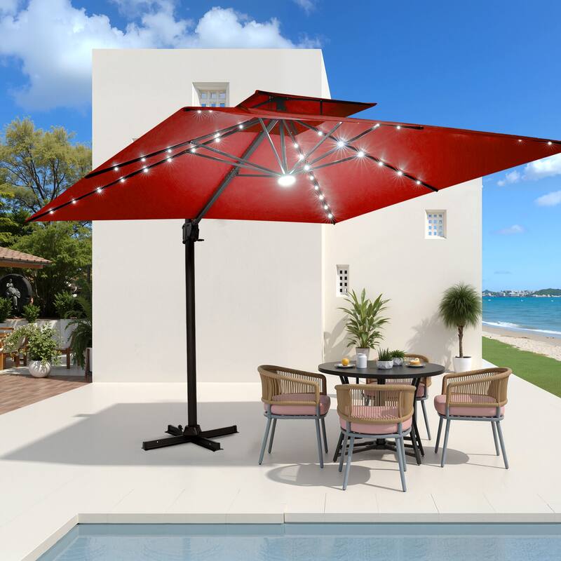VredHom 9 x 11ft Outdoor Rectangular Dual Top Cantilever Patio Umbrella LED Light - Red