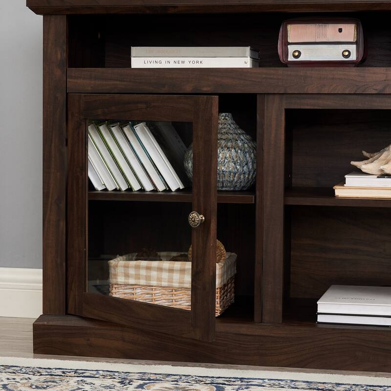 Wooden TV Media Stand, Console Table with Open Storage Space, Entertainment Center with 2 Glass Doors and Shelves