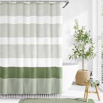 Boho Sage Green Shower Curtain, 72"x72", Stripe Tassel, Linen
