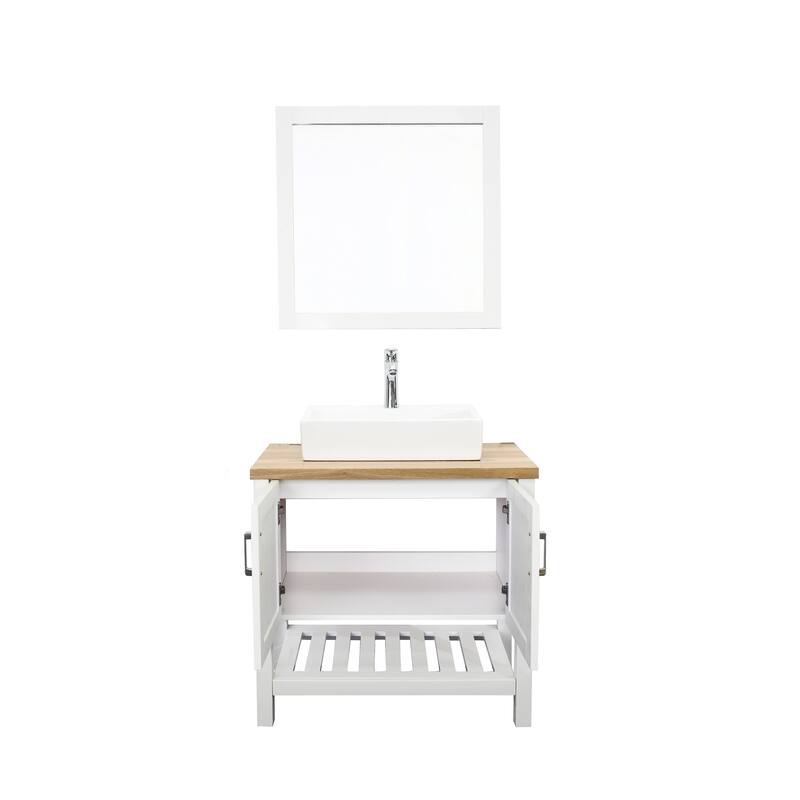 32" White Bathroom Vanity with Sink, Solid Wood Cabinet and Open Shelf