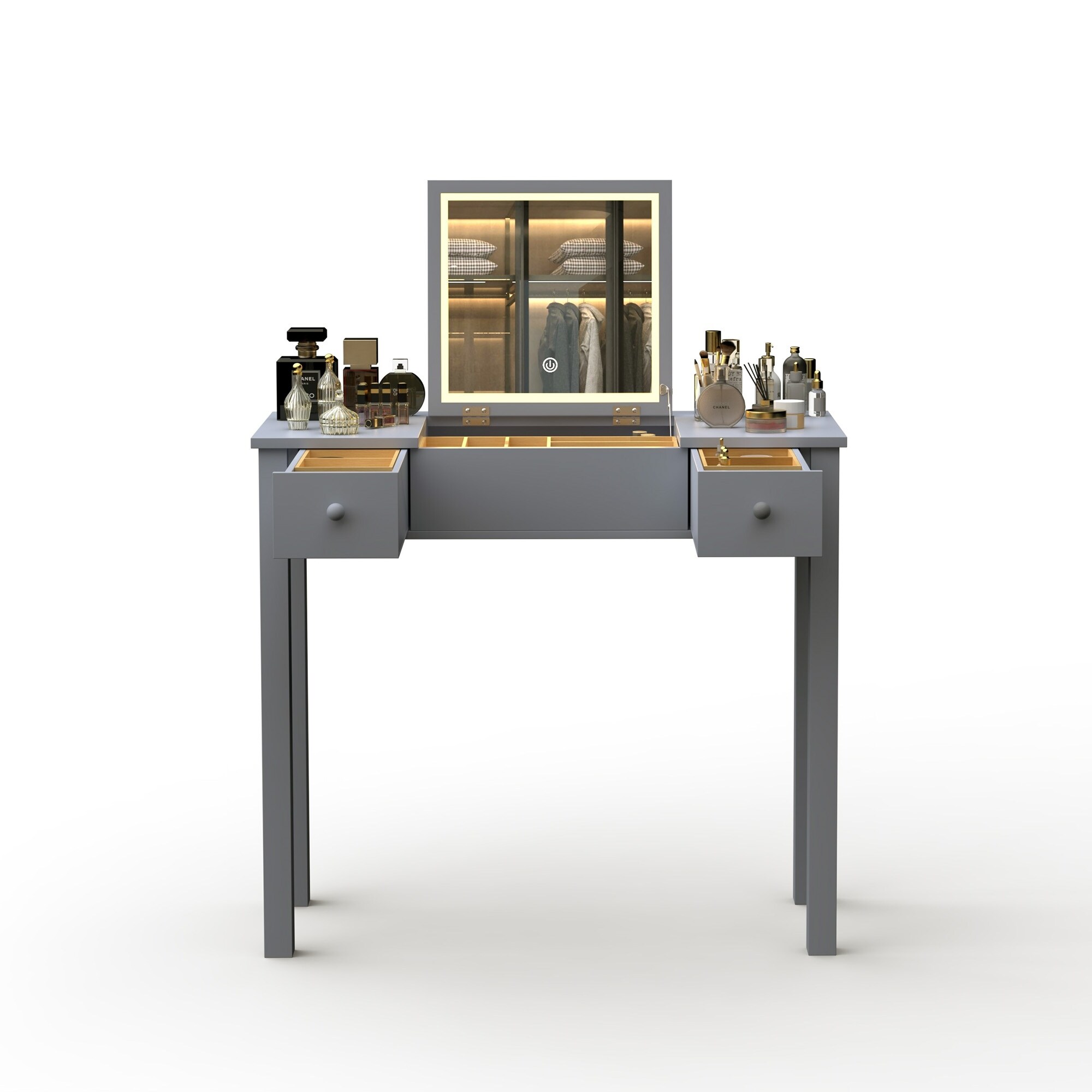 Sleek Grey Vanity Table with LED Lights, Flip-Top Mirror and 2 Drawers,  Jewelry Storage for Women Dressing - Bed Bath & Beyond - 40882427