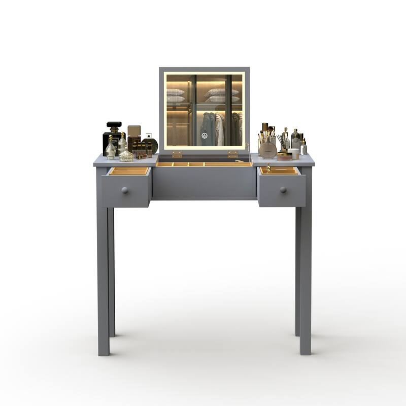 Small Flip Top Makeup Table with LED Lights, Mirror, 2 Drawers