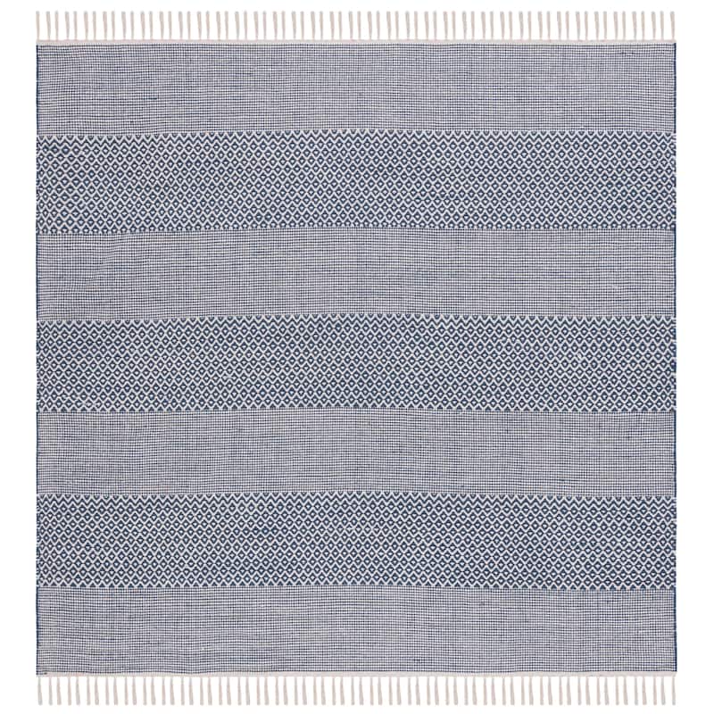 SAFAVIEH Handmade Montauk Alden Flatweave Cotton Fringe Rug - 6' Square - Ivory/Navy