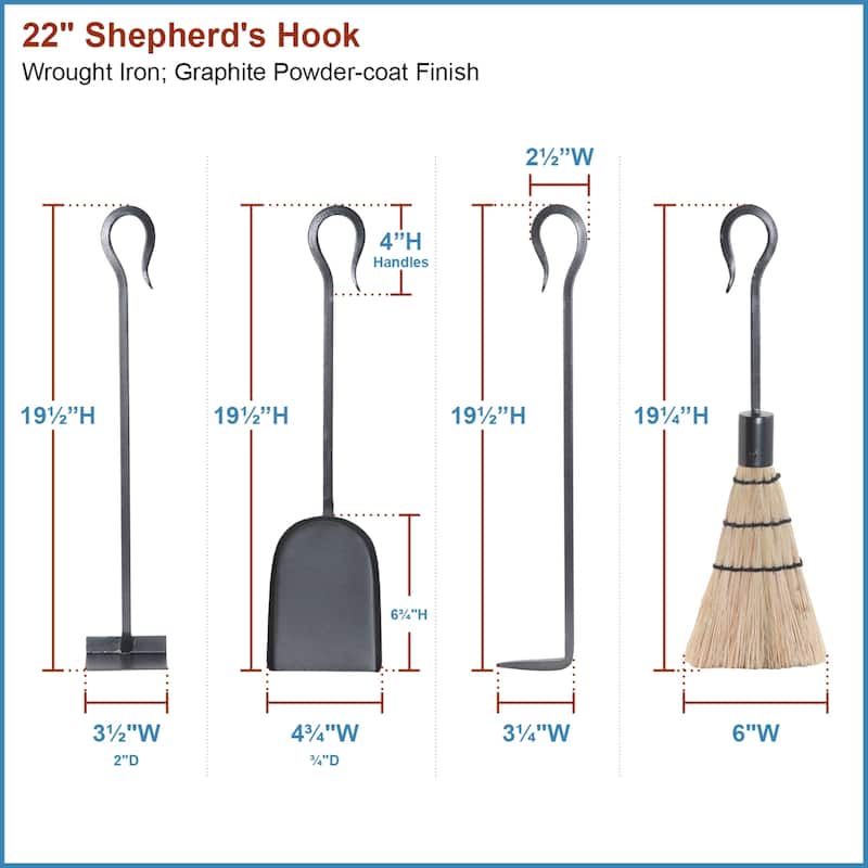 Achla Designs Shepherd's Hook Mini Fireplace Set of 4 Tools, 22 Inch Tall, Graphite Finish