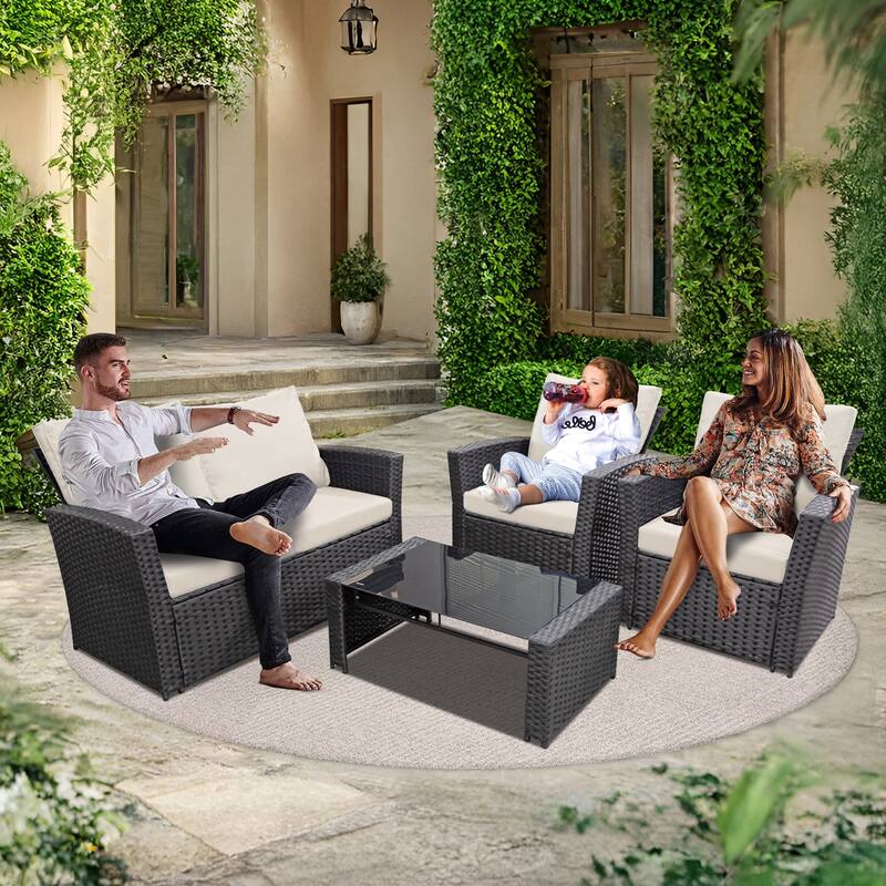 4-Piece Wicker Outdoor Sofa Set, 1 Loveseats, 2 Single Sofas, 1 Table
