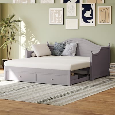 Twin Size Sleeper Couch Settee, Sofa Bed with Extendable Pop-Up Trundle, Wood Daybed with Storage Drawers