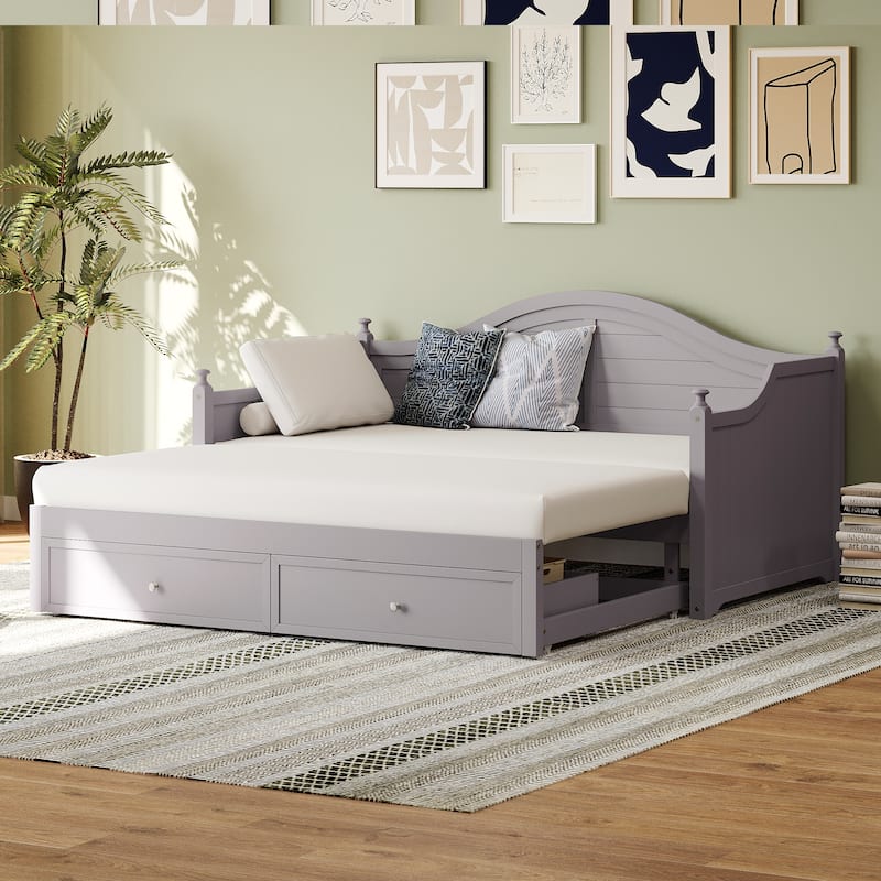 Twin-Size Wooden Daybed with Extendable Feature and Storage Drawers - Convertible Sofa Bed for Living Room or Guest Room.