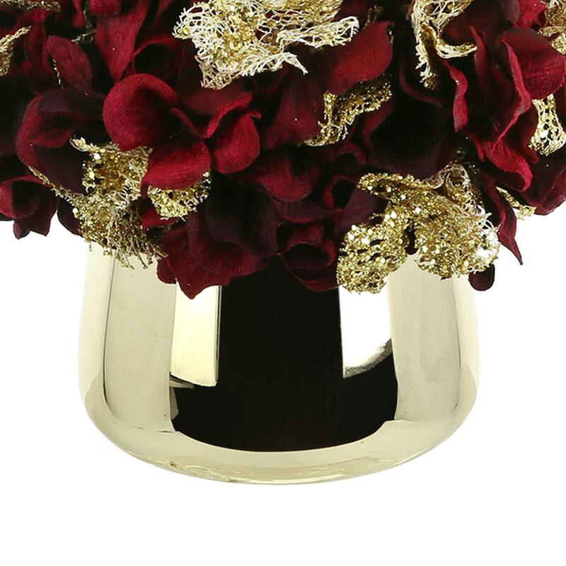Hydrangea Holiday Arrangement in a Glass Vase - Burgundy, Gold - 9Hx9Wx9D