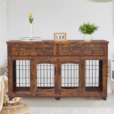58" Wooden Dog Crate Furniture TV Stand withStorage Drawers