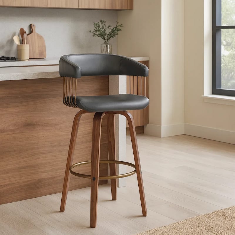 Maya 31 Inch Swivel Barstool Chair, Gray Faux Leather, Bronze, Walnut Brown