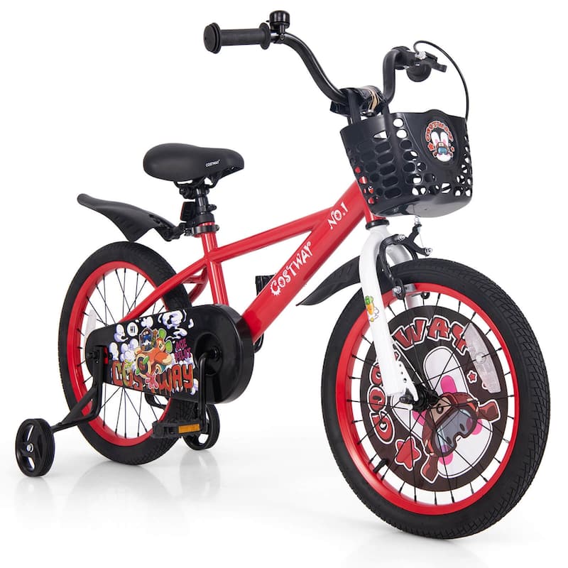 18"Child Bike for 4-8 w/ Height-Adjustable Handlebar & Storage Basket - Red