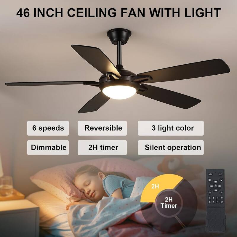 52" Modern Ceiling Fan with Light and Remote 5 Plywood Blades 3 Color LED for Bedroom Living Room Patio - 52 Inches