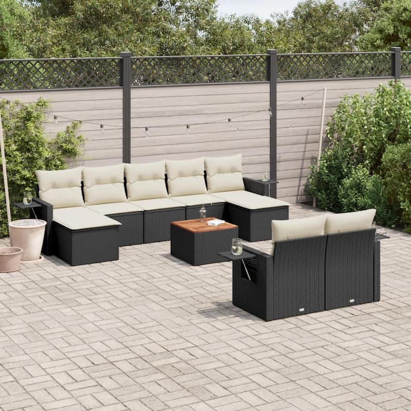 vidaXL Garden Sofa Set 10 Piece with Cushions Outdoor Sofa Set Poly Rattan - 24.4 x 24.4 x 27.2 in (W x L x H) - Black and Cream