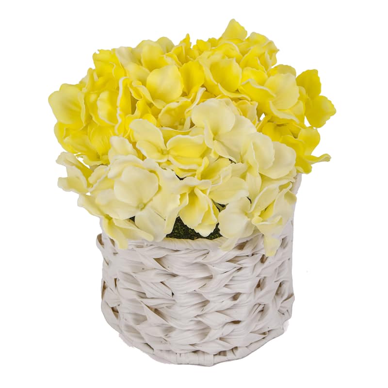 National Tree Company 10 in. Light Yellow Hydrangea Bouquet in White Basket - 10 in