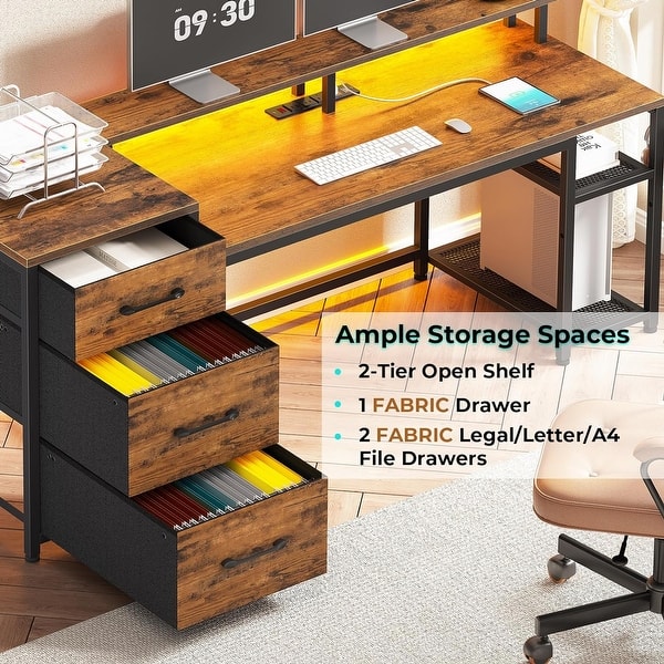 94.5 2 Person Gaming Desk, Long Office Computer Desk with 8 Drawers & LED Lights 17 Stories Color (Top/Frame): Brown