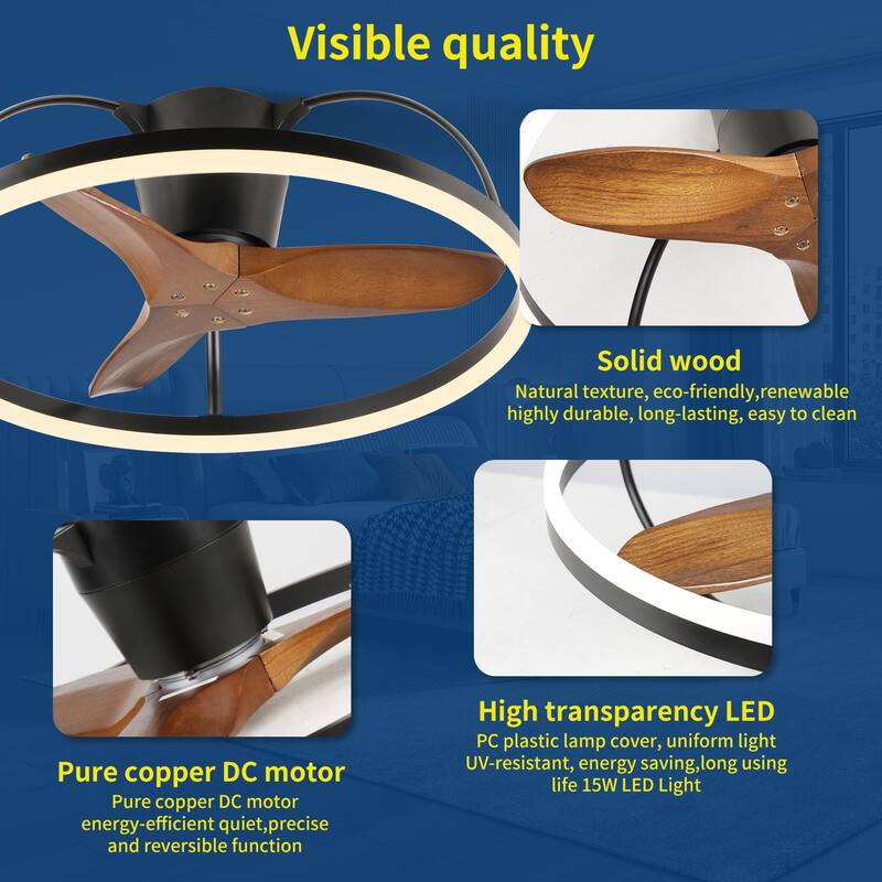 Farmhouse Solid Wood Blade Ceiling Fan with Light and Remote, 24" Low-Profile LED Fan Light Fandelier for Bedroom Kitchen