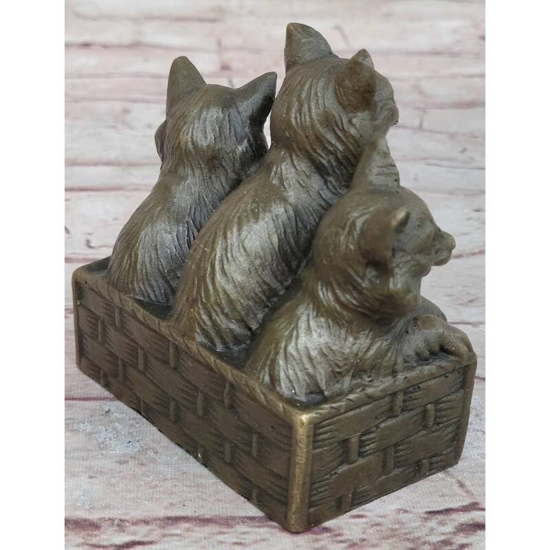 Three Cute Kittens Imitative Cats In A Flower Box - Bronze Sculpture Original Art By Milo