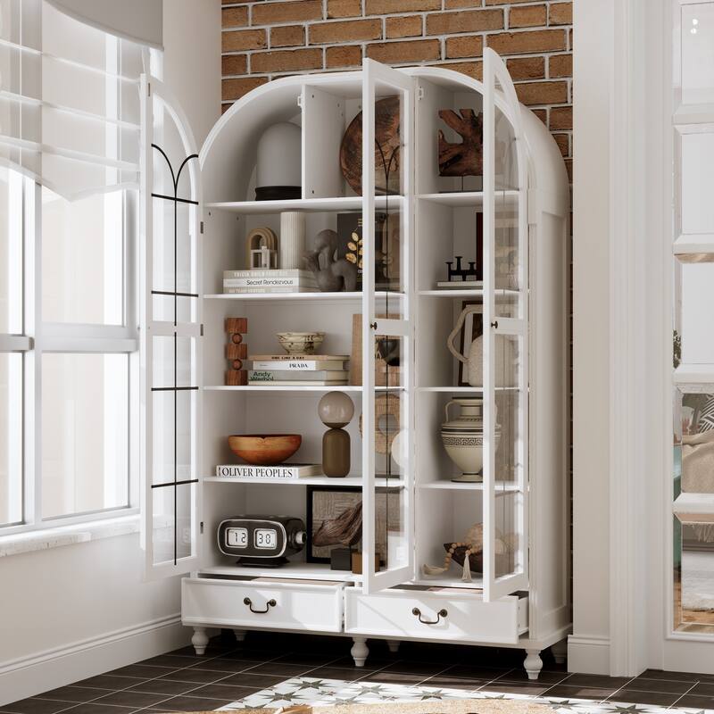 Glass Door Display Cabinet with Storage DrawersBookcase with Wooden Legs