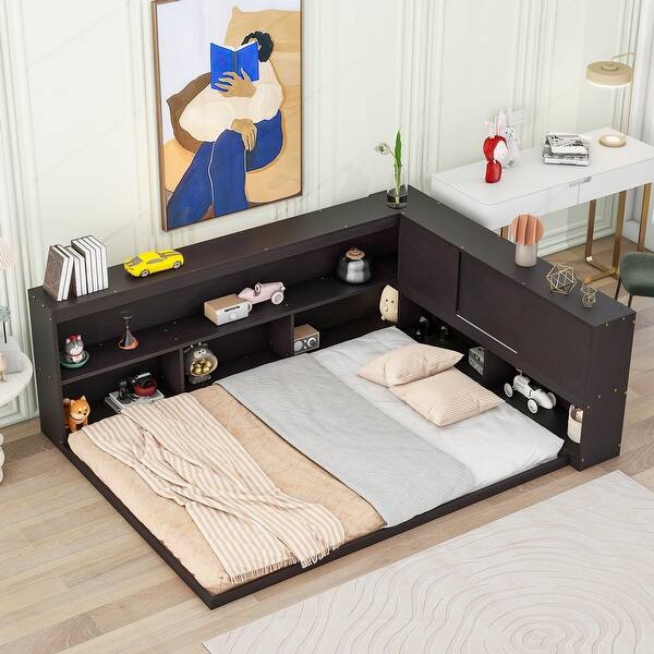 slide 2 of 21, Full Floor Bed with L-shaped Bookcases, sliding doors, without slats for Small Space, Living Room, Apartment Beige
