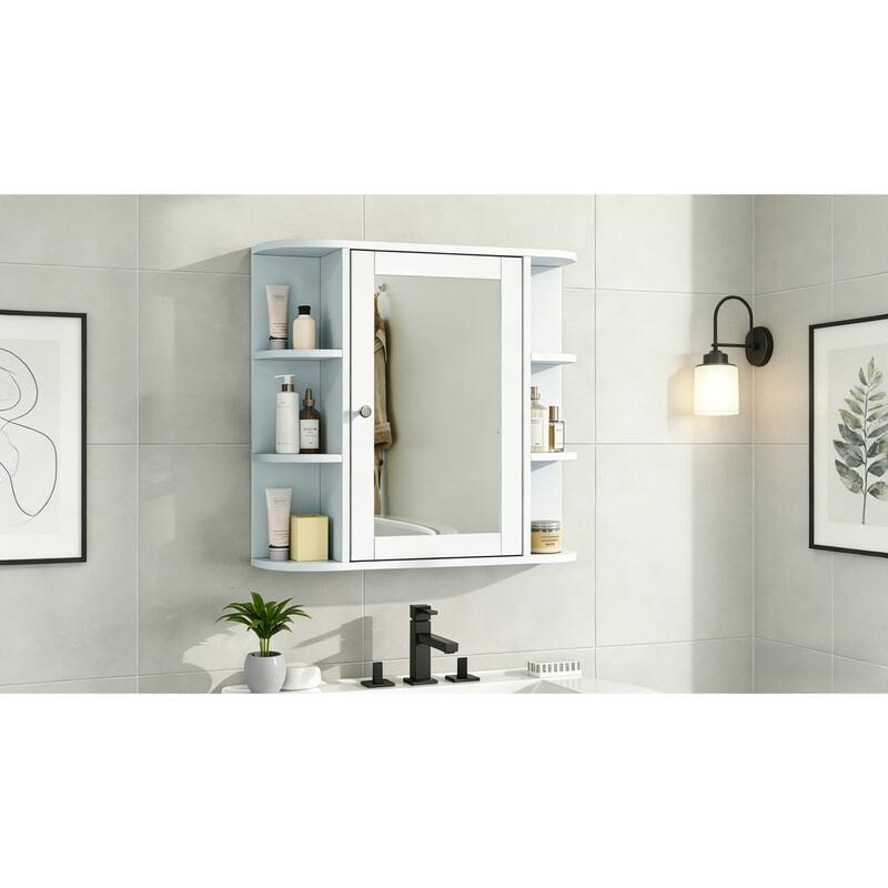 Bathroom Wall Storage Cabinet with Mirror, with Adjustable Wood Shelf & Doors, Mounted Storage Cabinets with 6 Open Shelves