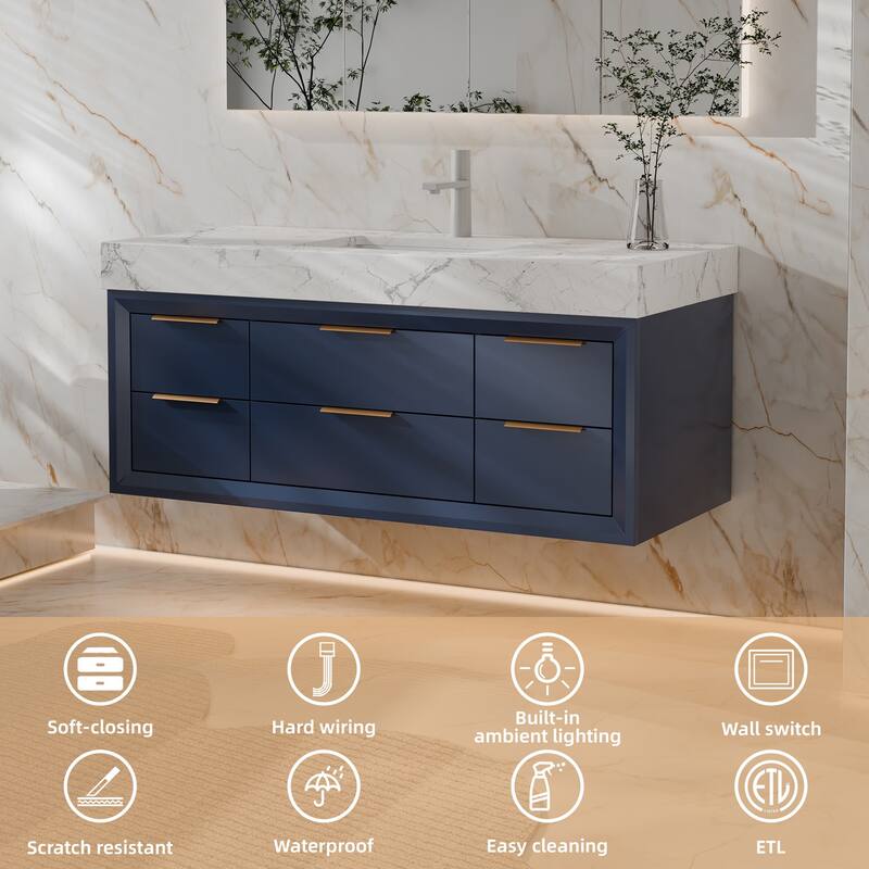 Modland 48" Modern Floating Bathroom Vanity with Single Sink, Soft-Close Drawers, White Stone Countertop