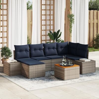 vidaXL 7 Garden Sofa Set with Cushions Black/Grey Poly Rattan - 103.9 x 60.6 x 27.2