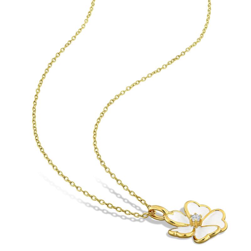 Miadora 1/4ct TGW White Topaz White Enamel Flower Necklace Earrings in Yellow Plated Sterling Silver