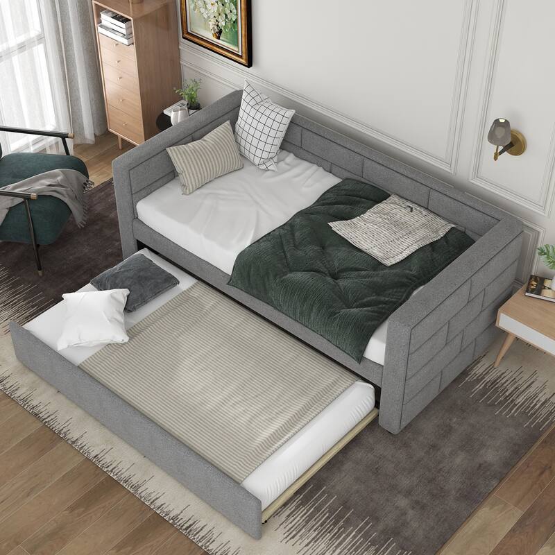 Twin Size Upholstered Daybed with Trundle, Padded Back - Gray