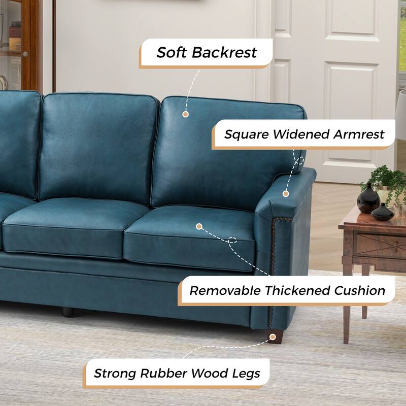 Rita Transitional Living Room 3-Seat Genuine Leather Nailhead Sofa with Solid Wood Legs and Removable Cushions