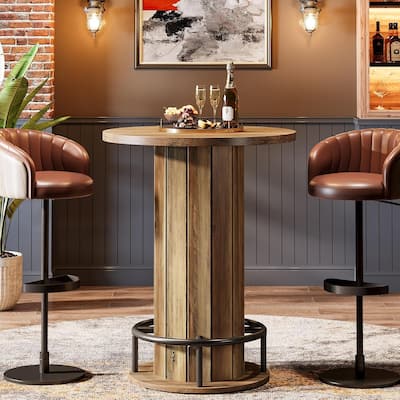 39.4 Inches Brown Wood Bar Table, Round Bistro Pub Table with Metal Ring Footrest