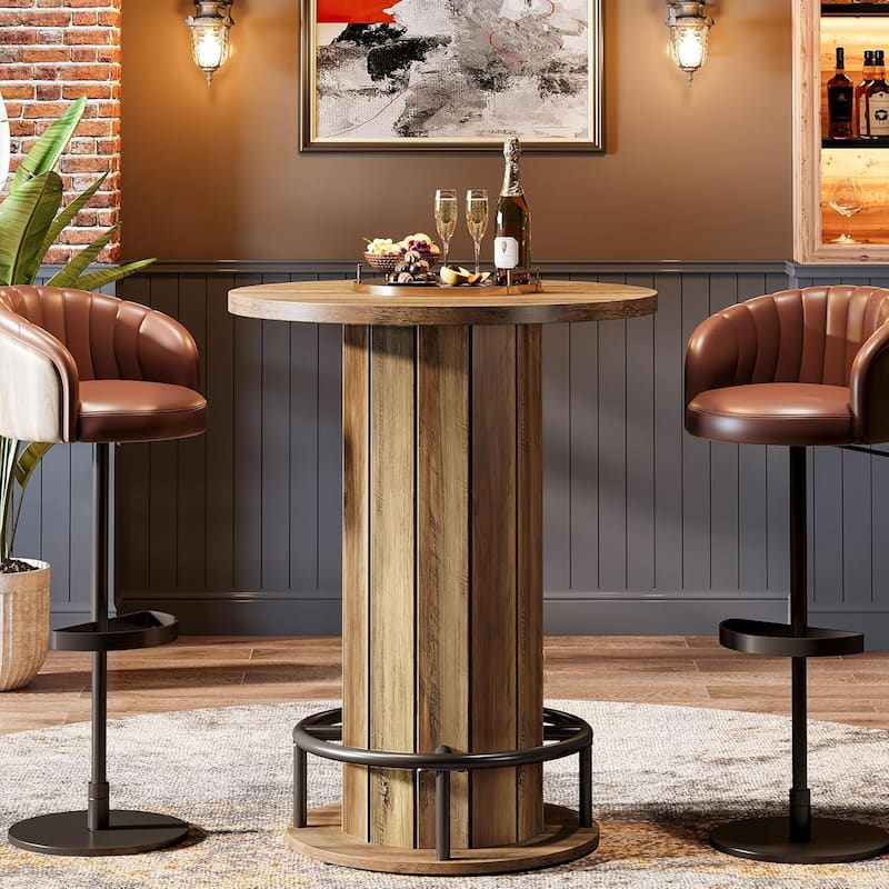 Round Bar Table, Wood Bistro Pub Table with Metal Ring Footrest