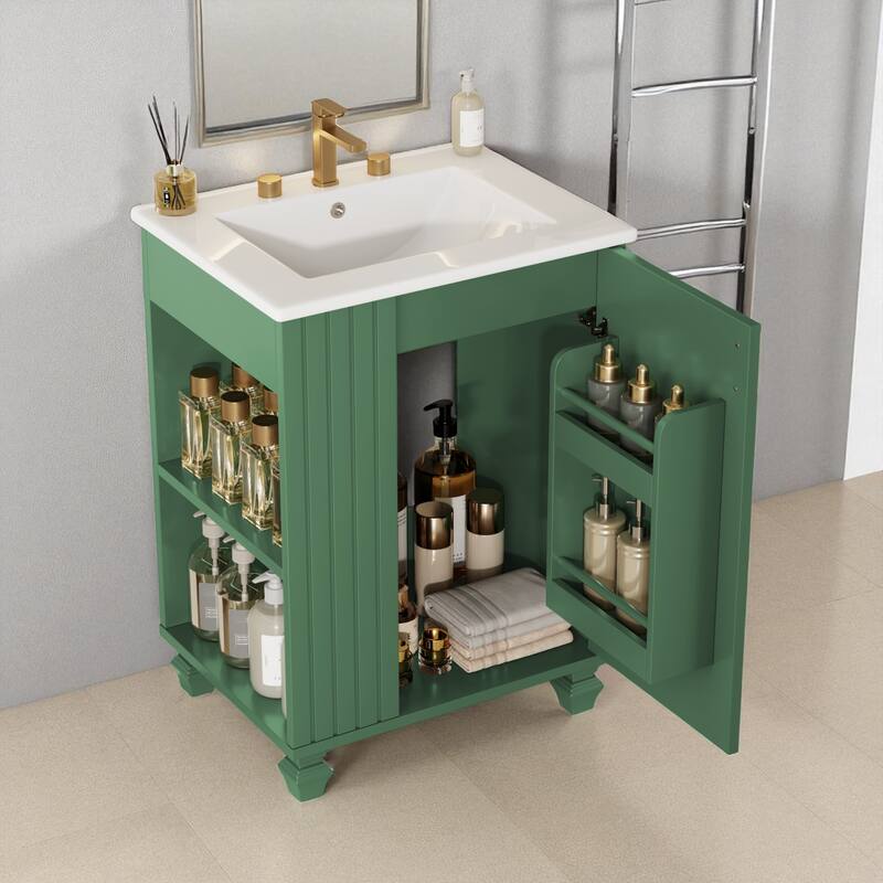 24" Bathroom Vanity with Ceramic Sink, Pine Wood Frame, Soft-Close Door & Side Open Storage