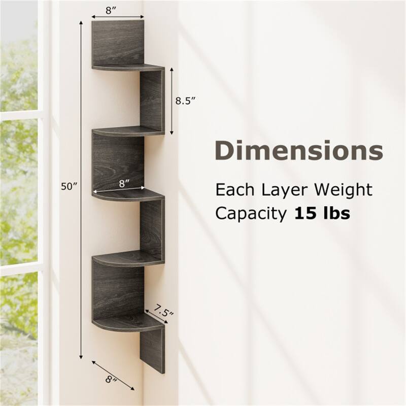 5-Tier Floating Corner Shelf Wall Mounted Organizer for Living Room Bedroom or Kitchen - 8" x 8" x 50"