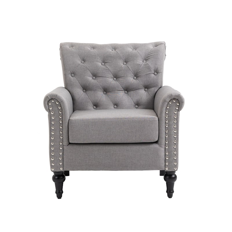 Linen Armchair w/Tufted Back/Wood Legs